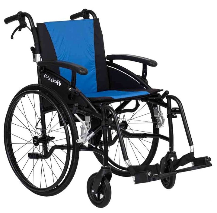 Excel G-Logic Lightweight Self Propelled Wheelchair With Black Frame and Blue Upholstery 18'' Standard Seat